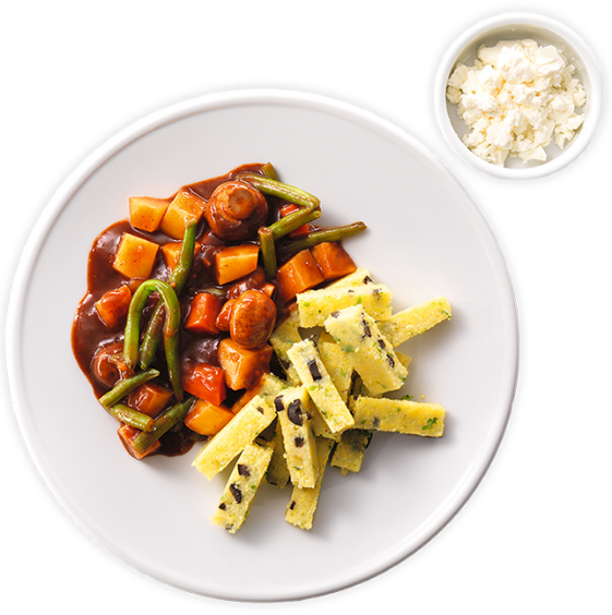 GRIECHISCHES GEMÜSE-PILZ-STIFADO MIT OLIVEN-POLENTA